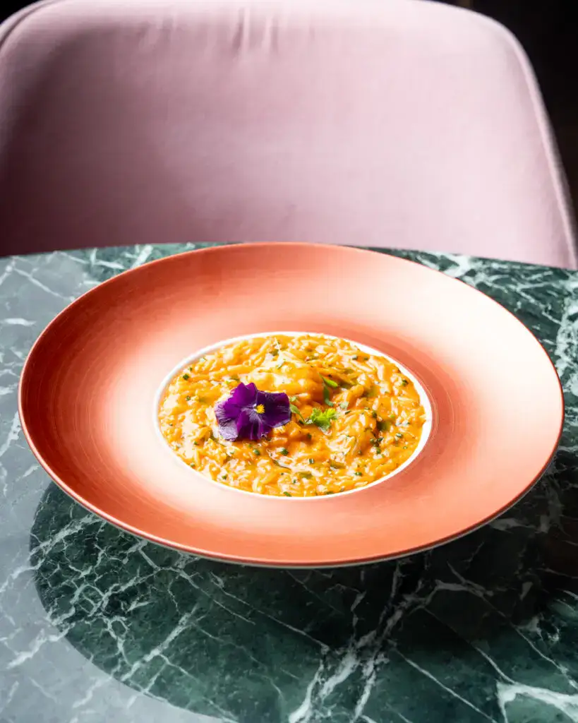 Feines Risotto auf modernem Tellerservice, elegantes Küchenstil, farbenfrohe Präsentation, hochwertiges Geschirr, stilvoller Esstisch, kulinarische Kunst, exquisite Speise, Gourmet-Genuss, zeitgemäße Küchenausstattung, innovative Esskultur, kreative Küchenideen.